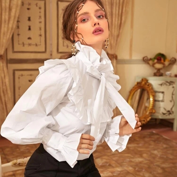 NWOT Victorian Tie Neck Lantern Sleeve Ruffled Blouse XS(2) - Picture 5 of 7